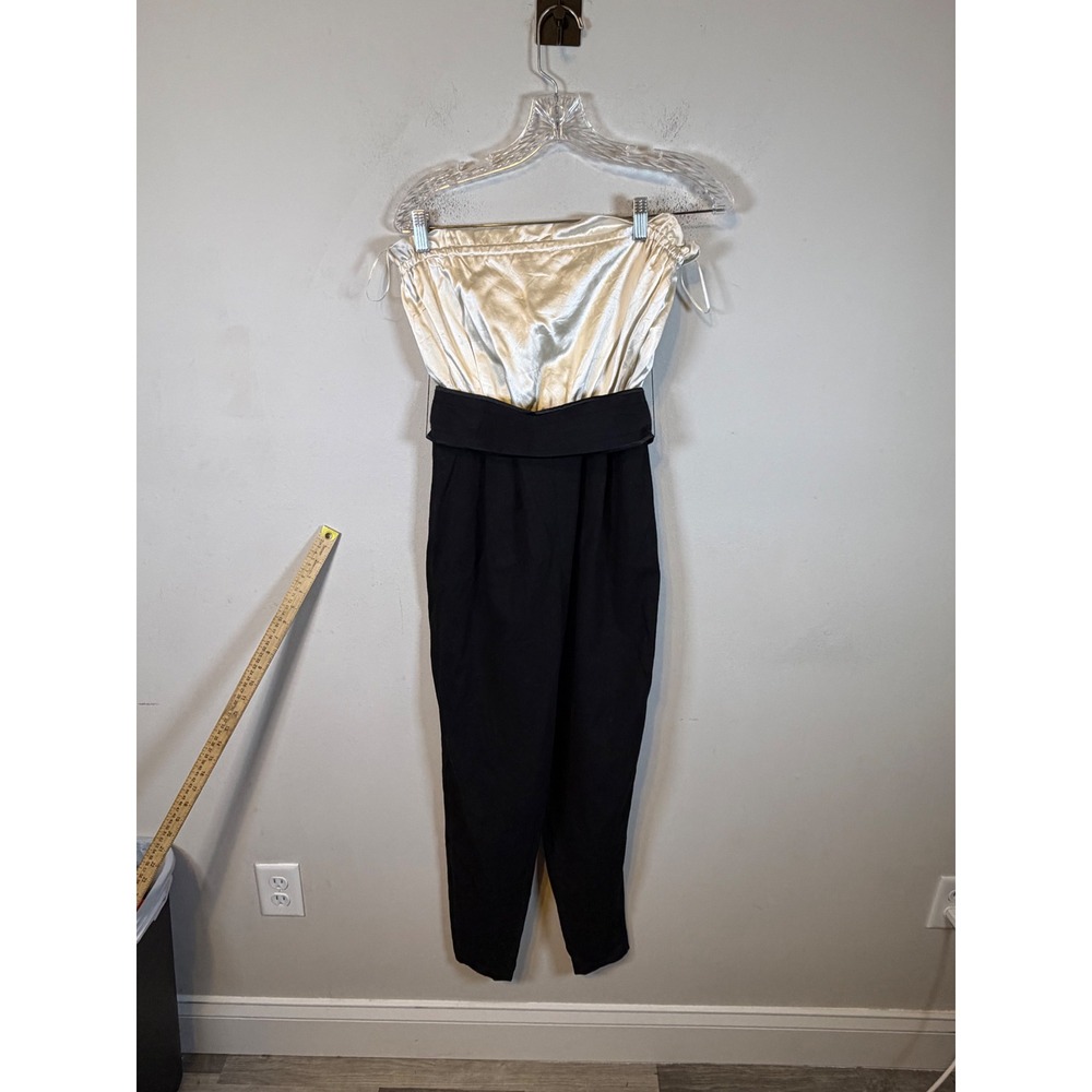 Tibi Womens Jumpsuit Strapless Silk Wool Colorblock Cream Black 2